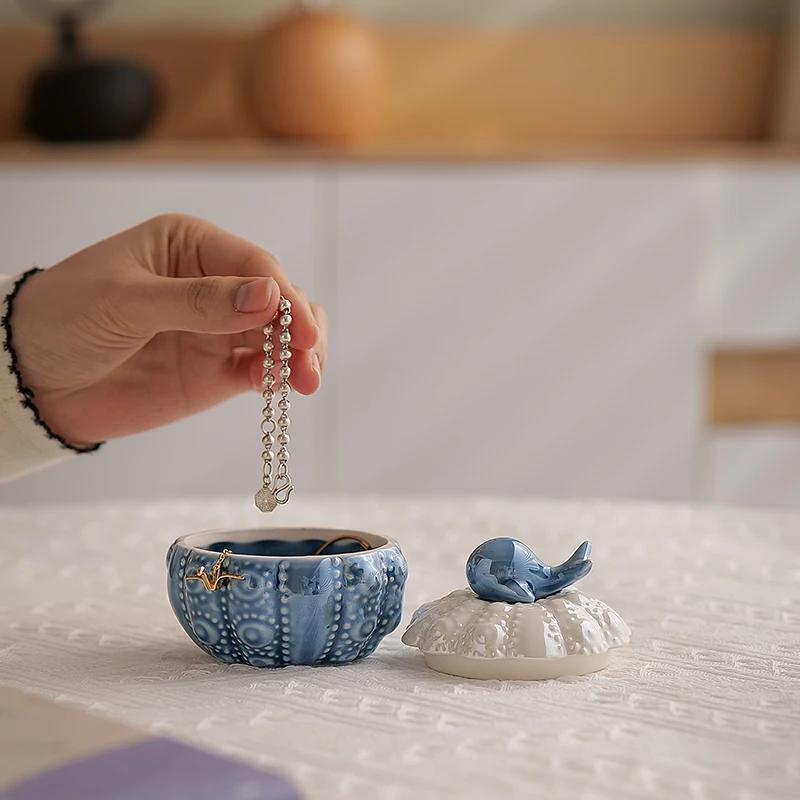Ceramic Blue Whale Jewelry Box Small Creative Cute Storage Jar Jewelry Ring Necklace Storage Box Desktop Decoration Crafts Gifts