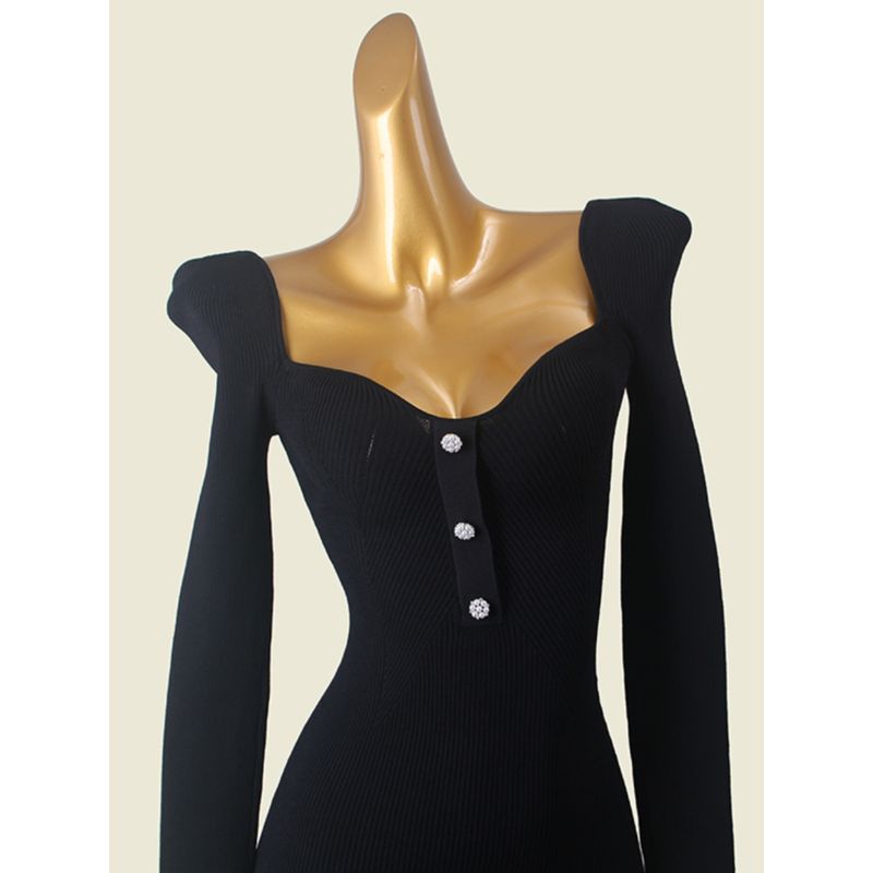 Classy French Sweet Silm Sexy Peach Collar Dress Foreign Trade Original Order Autumn Black Long Sleeves Bodycon Dress