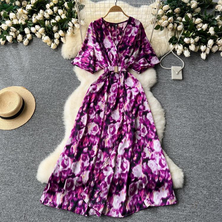 Vintage Elegant V Neck Split Print Short Sleeve Dress Chic Slim A Line Vestidos Summer Vacation Party Women Fashion Dresses