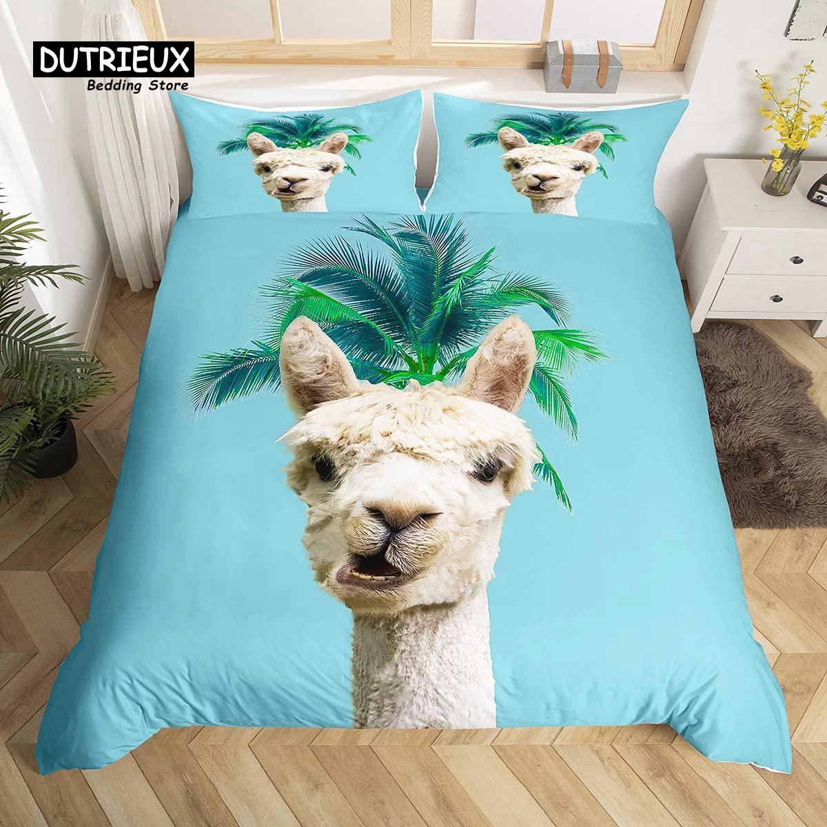 

Cartoon Llama Alpaca Duvet Cover Cactus Bedding Set Cute Animal Comforter Cover Microfiber Botanical Bedspread Cover Twin Size EU single(135x200cm)