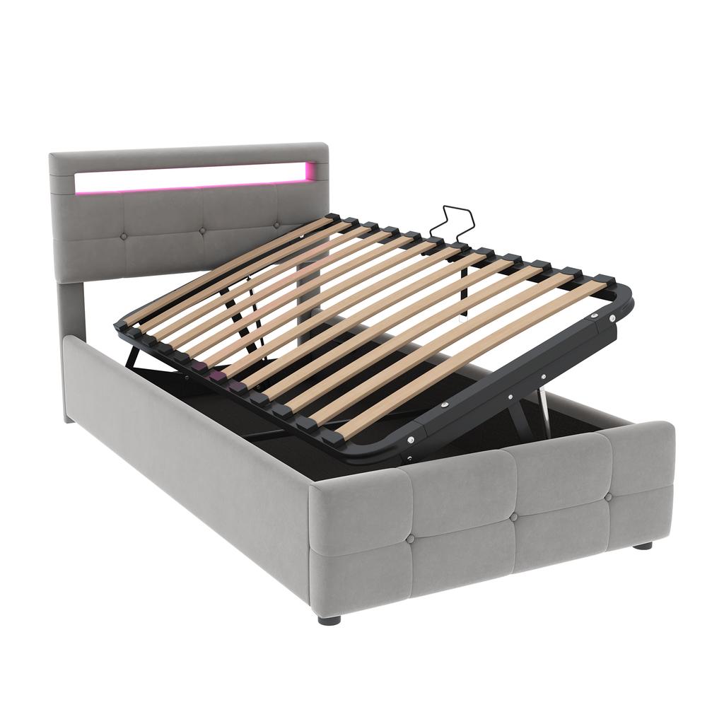 Upholstered Children's Bed 90x200 cm, With LED Lighting, Hydraulic Storage, Height-Adjustable Headboard, Single High Box, Velvet Fabric, Grey