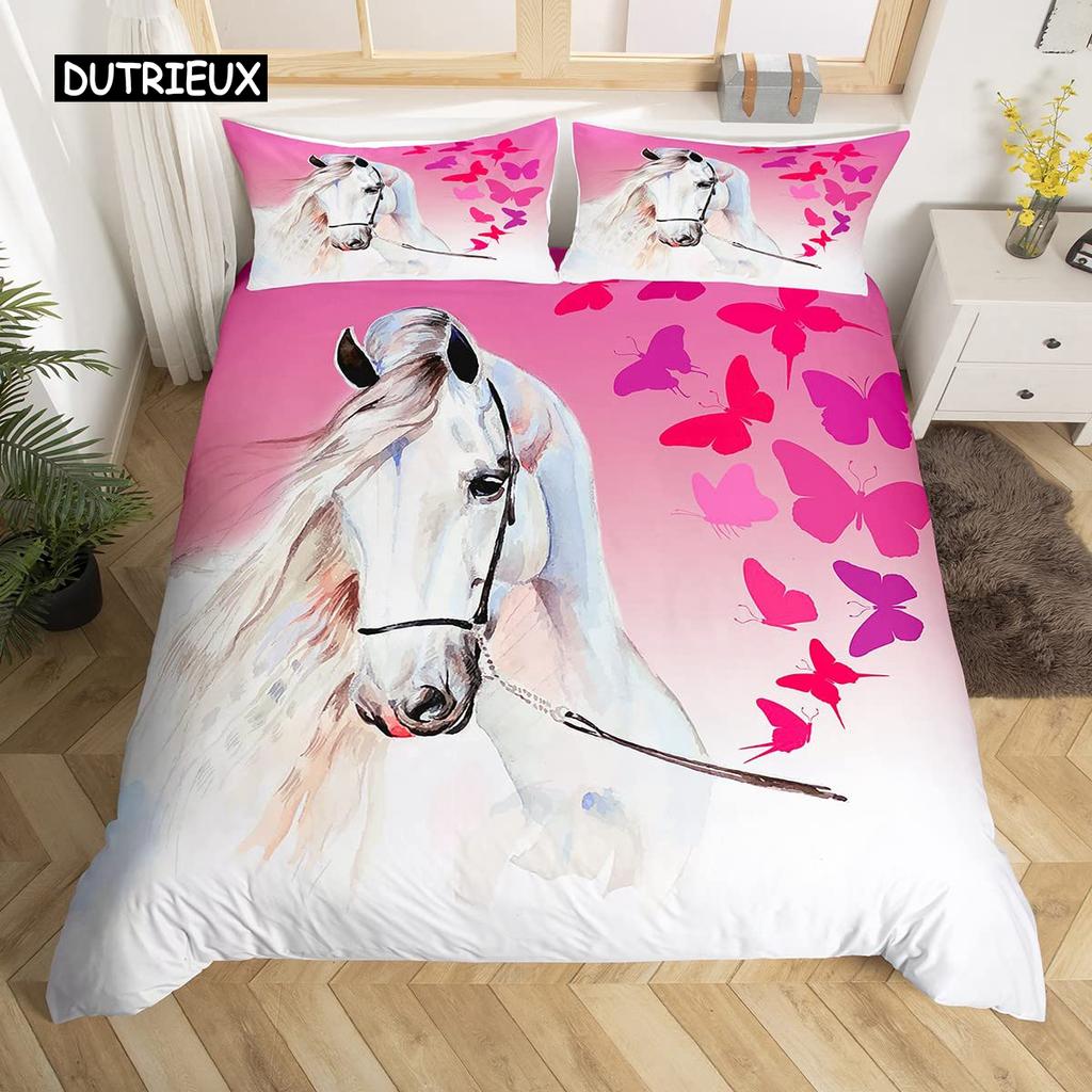 White Horse Påslakanset Queen Size Mikrofiber 3D Hästtryck Sängkläder Vilda Djur Täcke Djur 2/3 st Täckesöverdrag