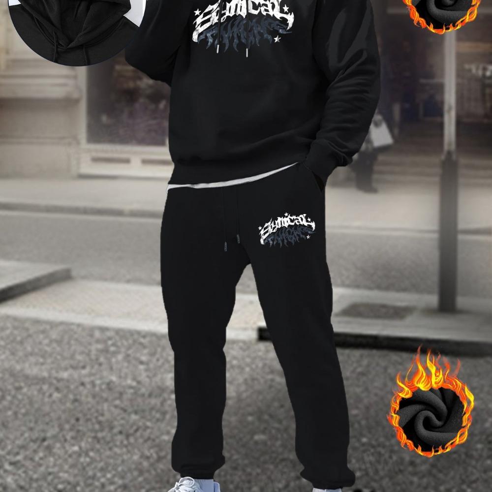 

Зимний теплый комплект худи и спортивных штанов, повседневный мужской спортивный костюм, стандартной посадки, с принтом кружева, с карманом XXL