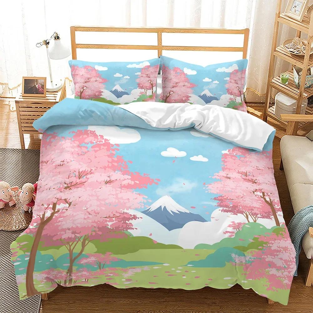 Cherry Blossoms Duvet Cover King/Queen Size,Japanese Sakura Tree Pink Floral Spring Vintage Cultural Bedding Set For Women Girls