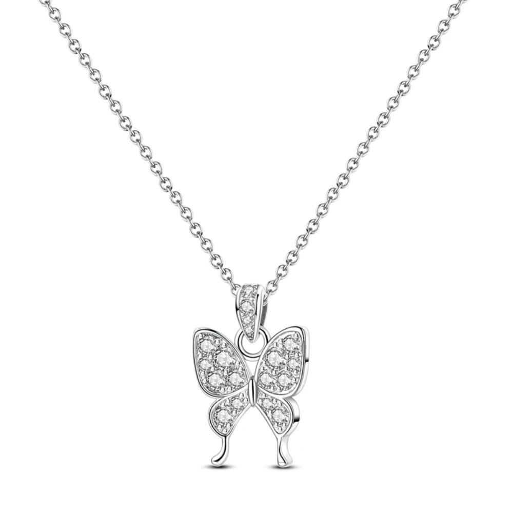 925 Silver Lucky Unicorn Necklace with Butterfly Firefly Bear Paw Print Zircon Chain Link Heart Jewelry for Women