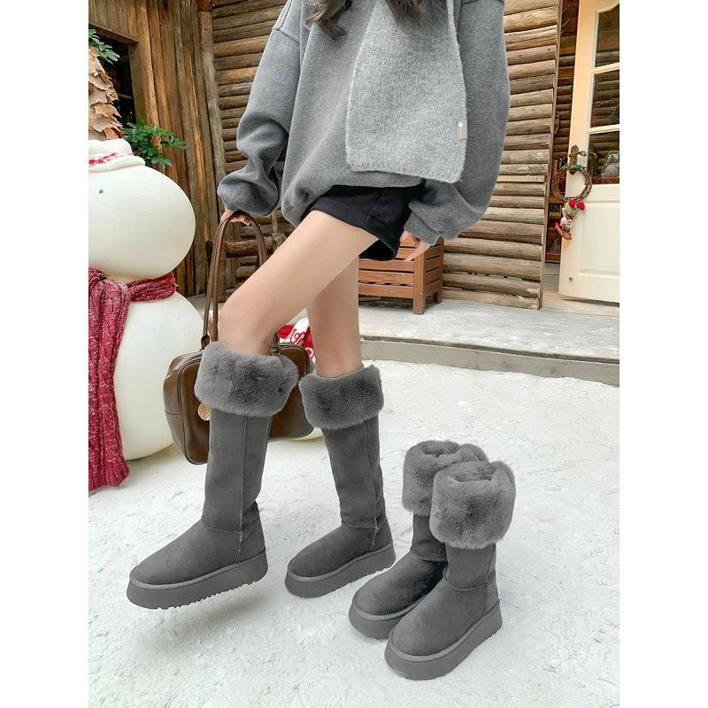 Snow Boots Women's Gray Thick-soled Winter Warm Medium Tube Velvet Shoes Two Wear Cotton Shoes
