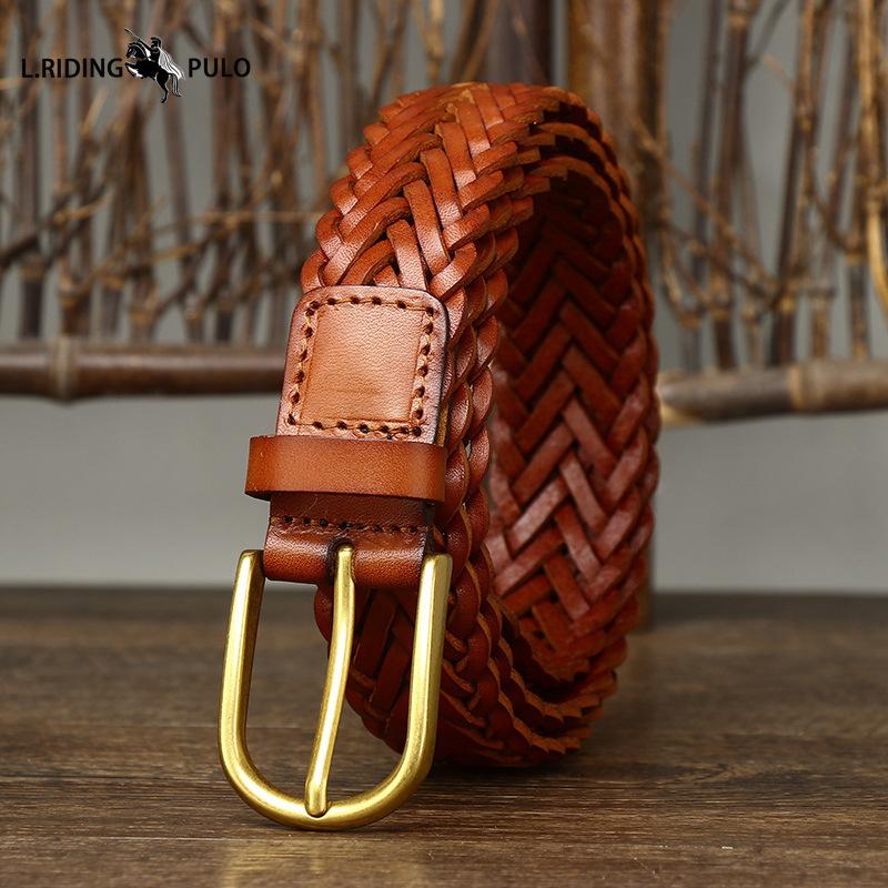 Men's Genuine Leather Braided Belt Cowhide Handmade Woven Pin Buckle Couple's Casual All-match Belt
