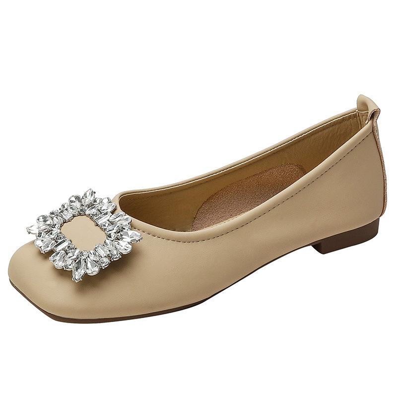 Leather single shoes women's flat shoes rhinestone buckle square head night breeze gentle shoes soft leather soft sole comfortable sheepskin grandm