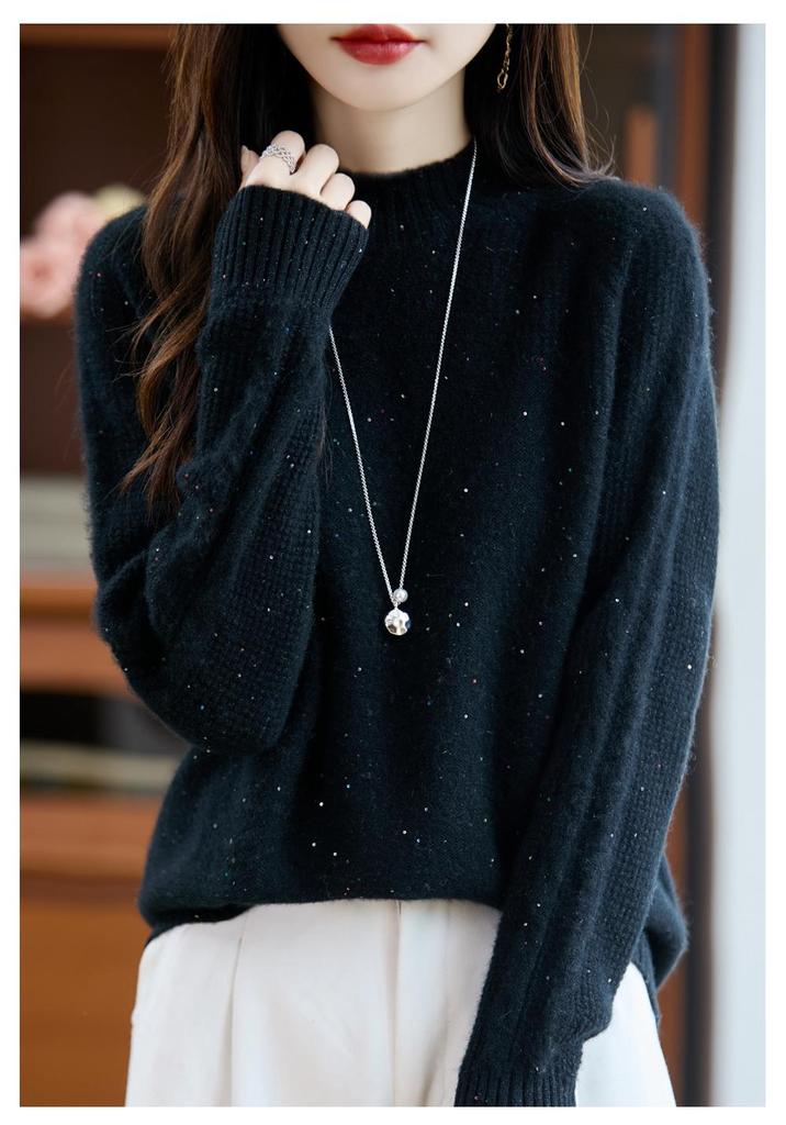2025 Autumn/Winter Women's Wool Sequin Cable Knit Sweater with Half-High Collar