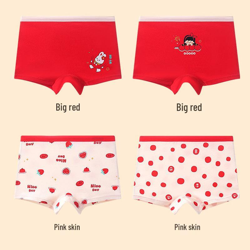 Festive Red Girls' Boxer Briefs: Antibacterial Pure Cotton, Colorfast, Full Cotton Crotch, Chinese New Year Theme