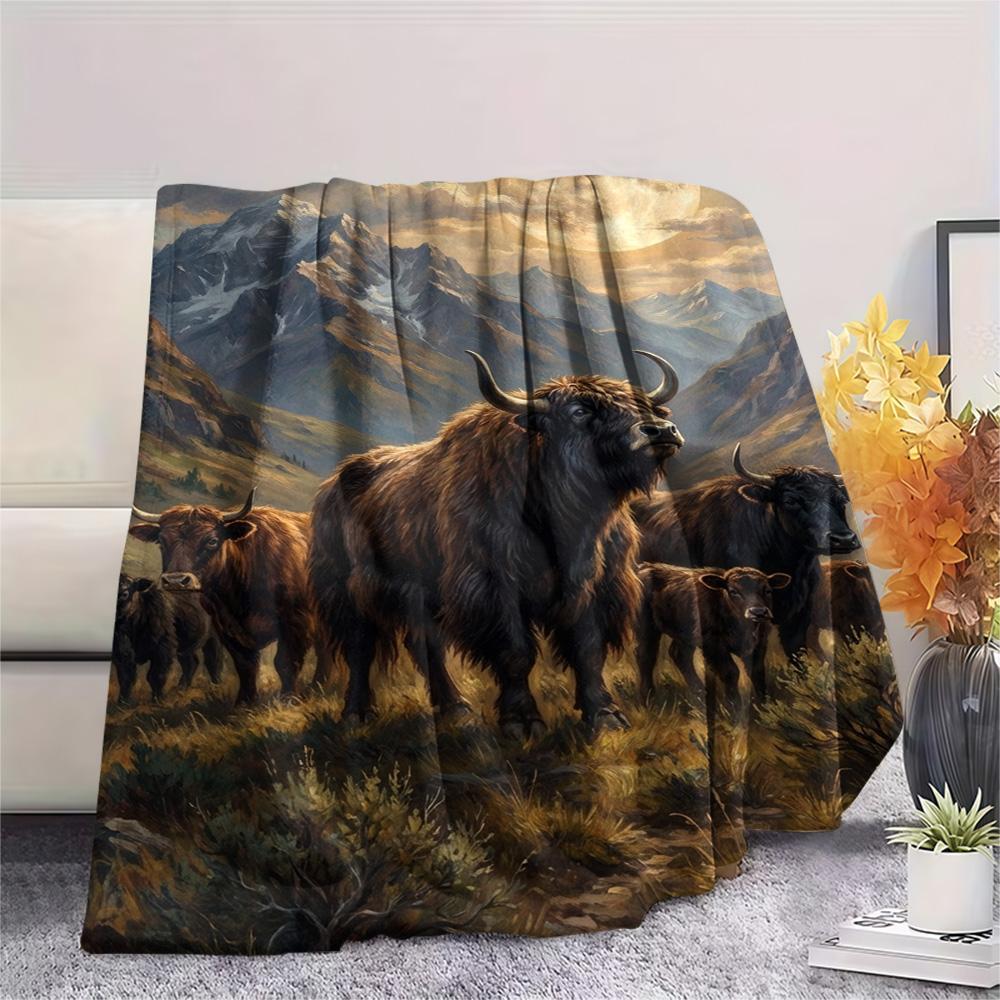 1PC Moonlit Highland Yaks Print FlAannel Blanket, High quality Comfortable for All Seasons, Home Decor, Warmth and Comfort