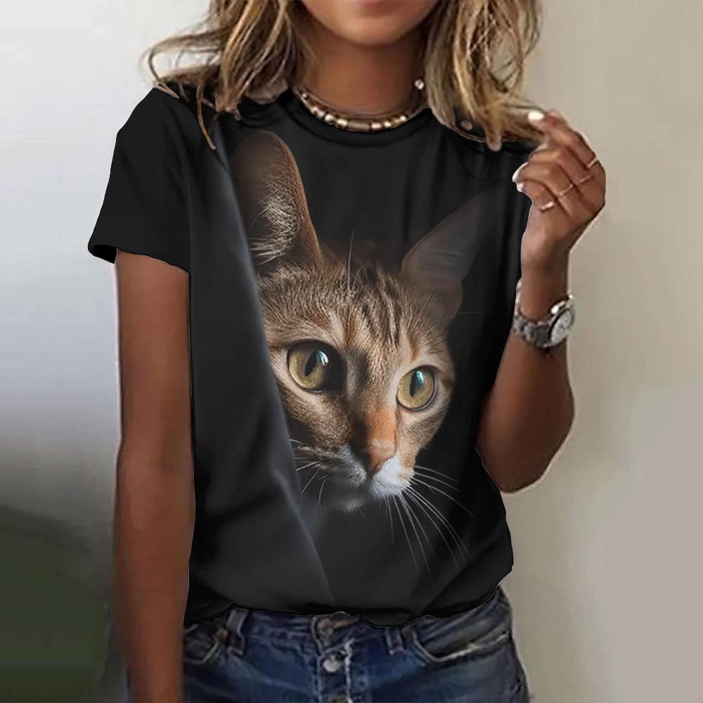 Summer Women Cat Print Casual Short-Sleeved 3d Fashion Streetwear Round Neck Pullover Oversized