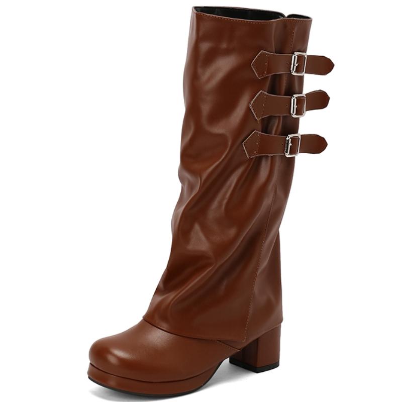 Women's Knee High Boots Sexy Turned-over Edge Winter Shoes Black White Pink Heeled Long Boot Ladies Party Shoes Large Size 45