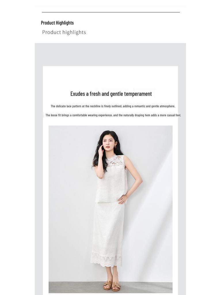 French Niche 100% Linen Lace T-Shirt Vest Top + Exquisite Midi Skirt Set
