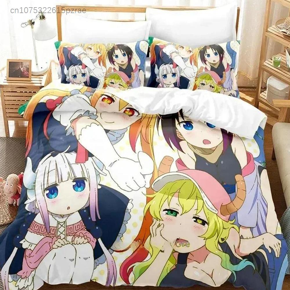 3D Kawaii Girl Miss Kobayashi's Dragon Maid Bedding Set Anime three-piece Set Adult Kid Bedroom Duvet Cover Sets Home Textiles