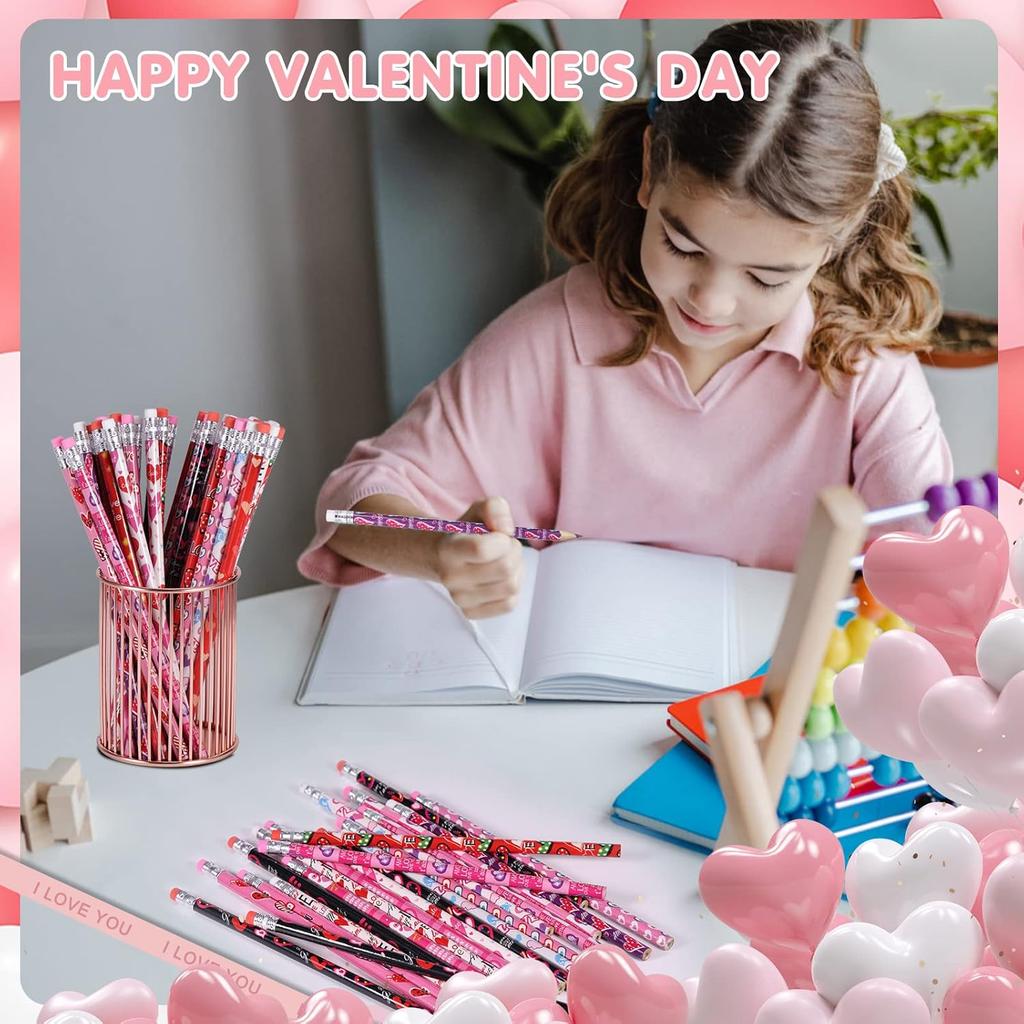 24 Pieces Valentine's Day Pencils for Kids Valentines Pencil Bulk Holiday Pencils with Top Erasers Pencils for Valentine's Day Gifts Party Favors