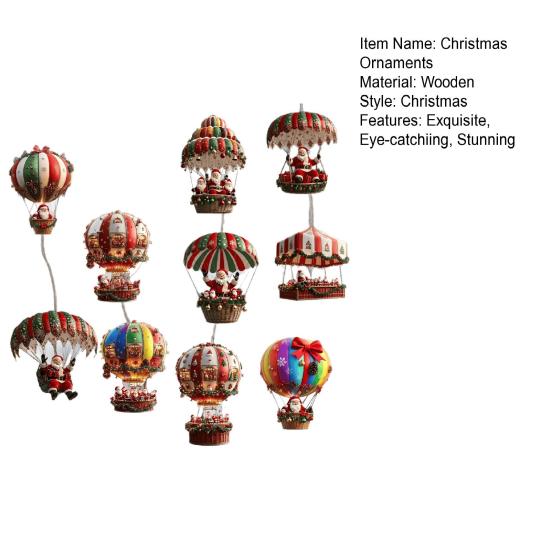 Vánoční dekorace horkovzdušného balónu Dřevěný 2D plochý Santa Claus v horkovzdušném balónu Přívěsek pro sváteční výlohu zeď domácí dekoraci