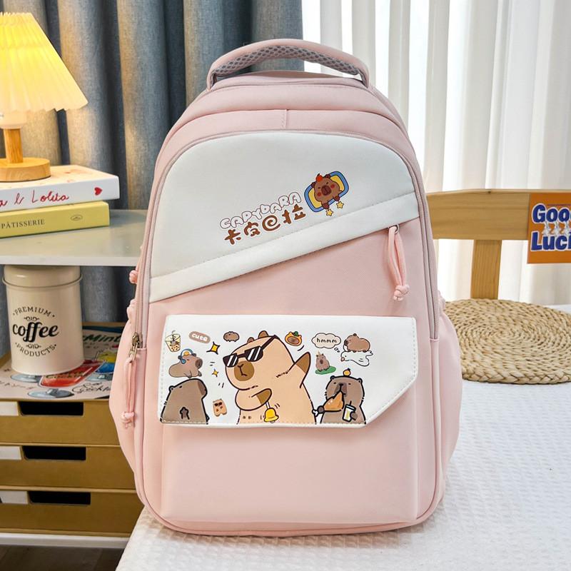 Capybara Cartoon Pattern Nylon Backpack With Striped Stitching For Travel School