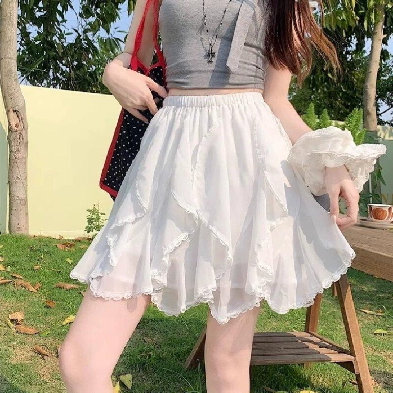 New high-waisted slim skirt summer splicing lace lace white cake irregular skirt