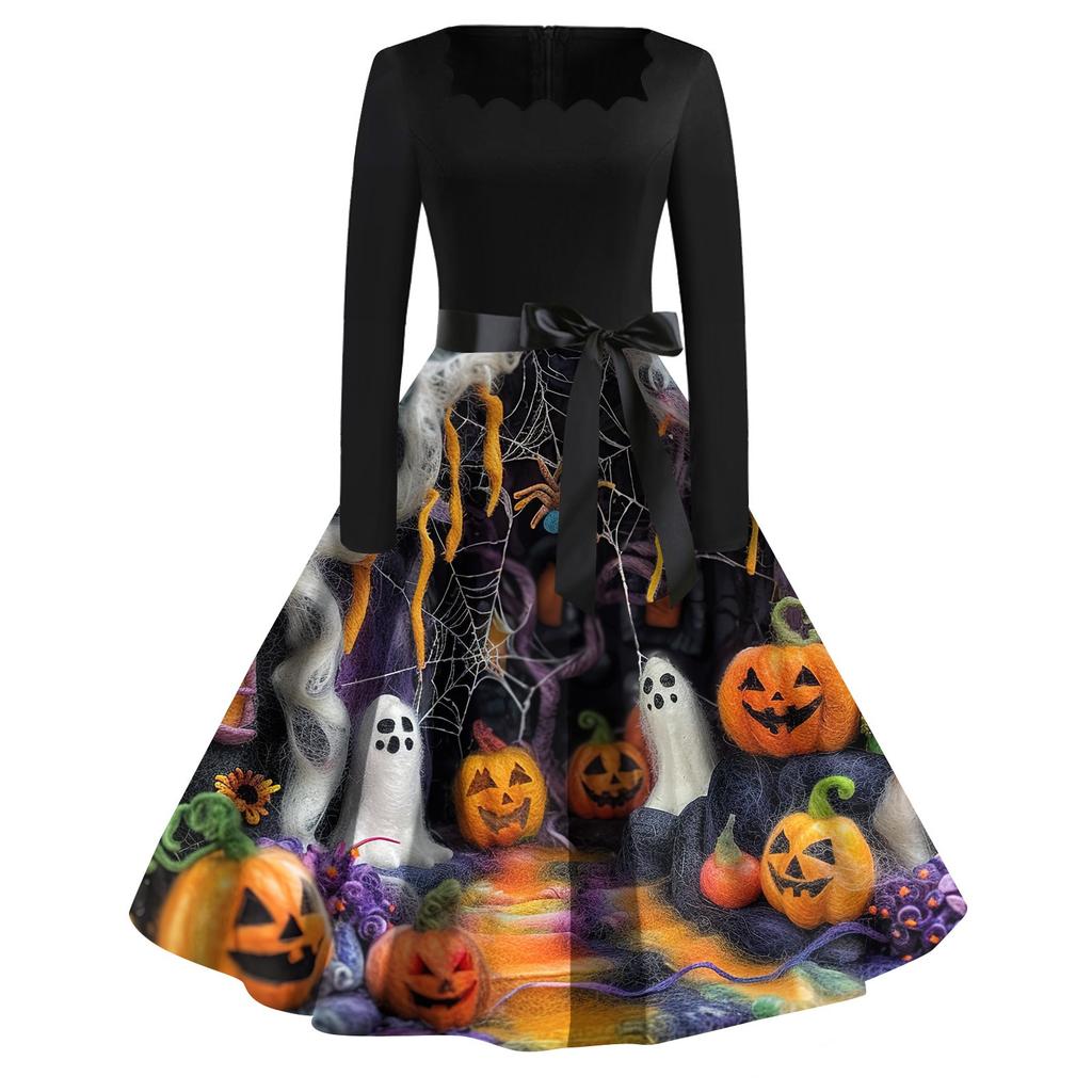 Women's Casual Fashion Halloween Printed Square Neck Vintage Dress