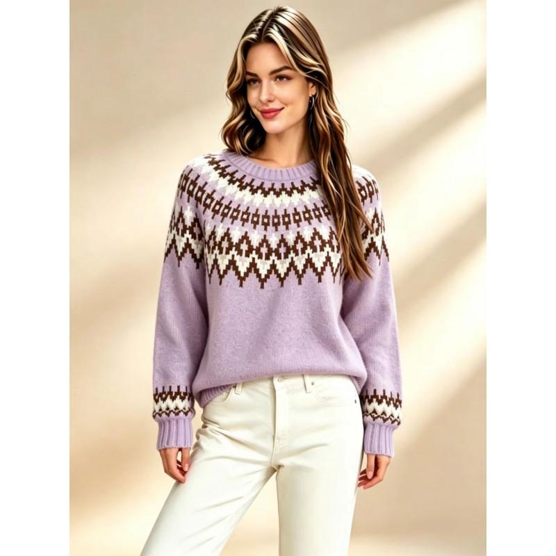 Womens Oversized Fair Isle Knit Sweater Loose Crew Neck Pullover Soft Wool Blend Fall Winter 2026
