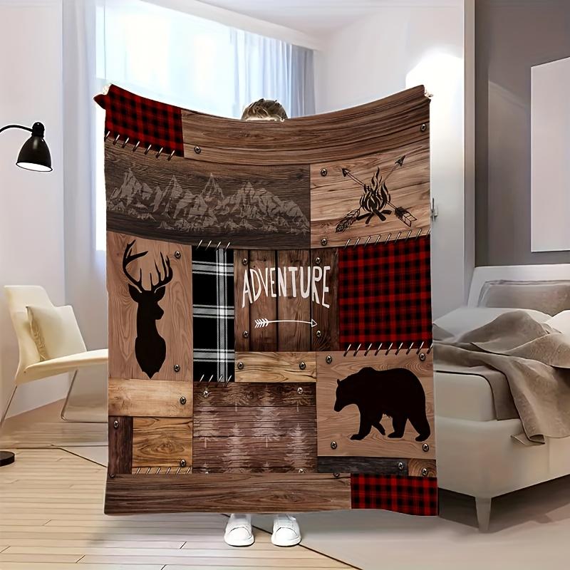 

1pc of Comfortable Adventure Flannel Blanket Featuring a Deer Head and Bear Pattern, Creating a Rich Natural Wilderness Vibe. Perfect for Ou 150x200cm