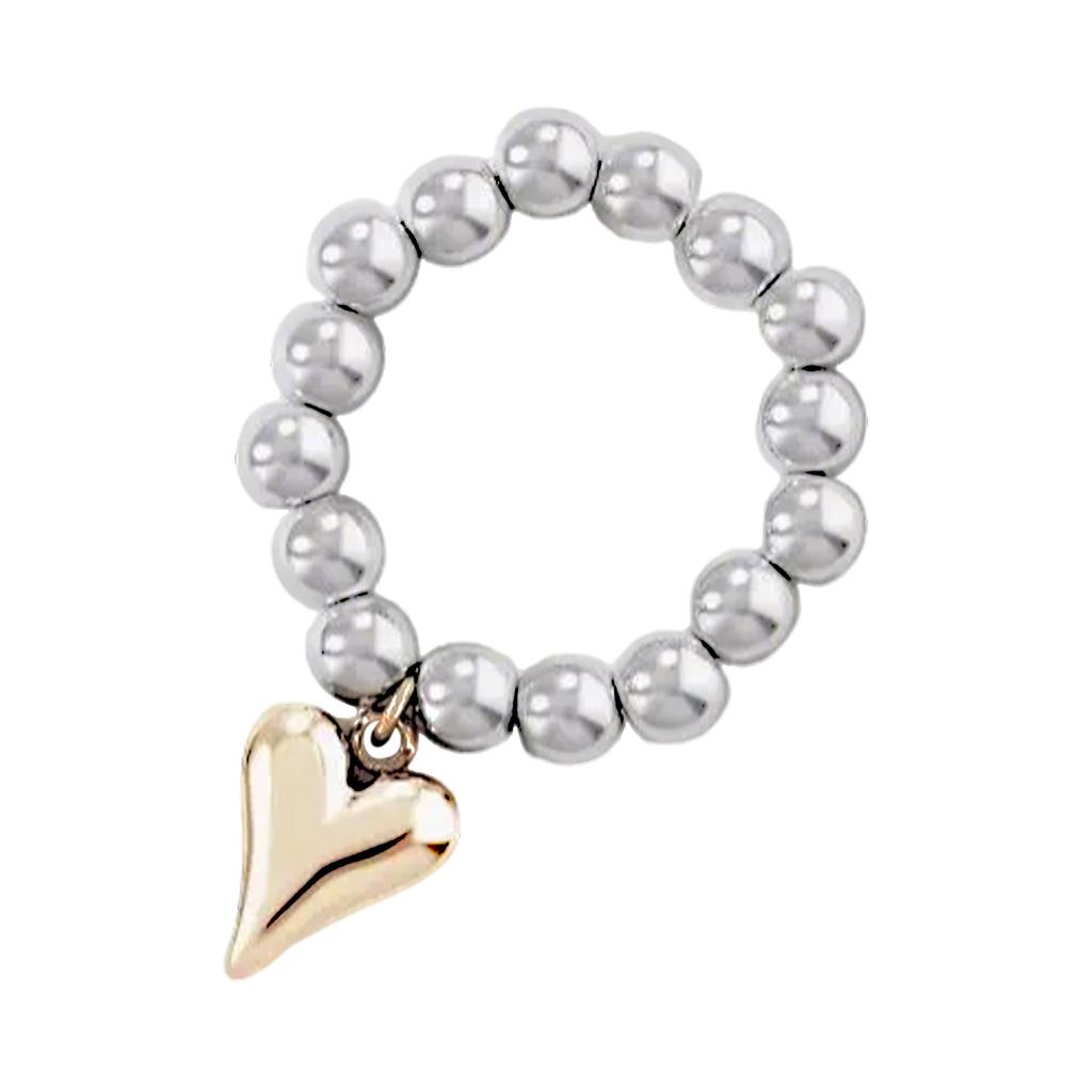 Heart Pendant Ring with Elastic Rope and Round Beads Handmade Stainless Steel Jewelry Party Wear Accessory for Women