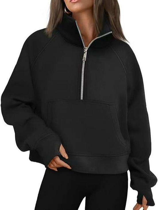 Women's Raglan Sleeve Fleece Loose Coat - Half-Zip Stand Collar Sweatshirt for Autumn and Winter