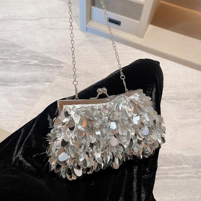 Women's Silver Sequin Clutch Bag, Sparkly Evening Bag with Chain Strap, Formal Party Crossbody Handbag