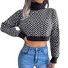 Autumn and Winter Fashion High Collar Long Sleeve Striped Midriff-baring Sweater