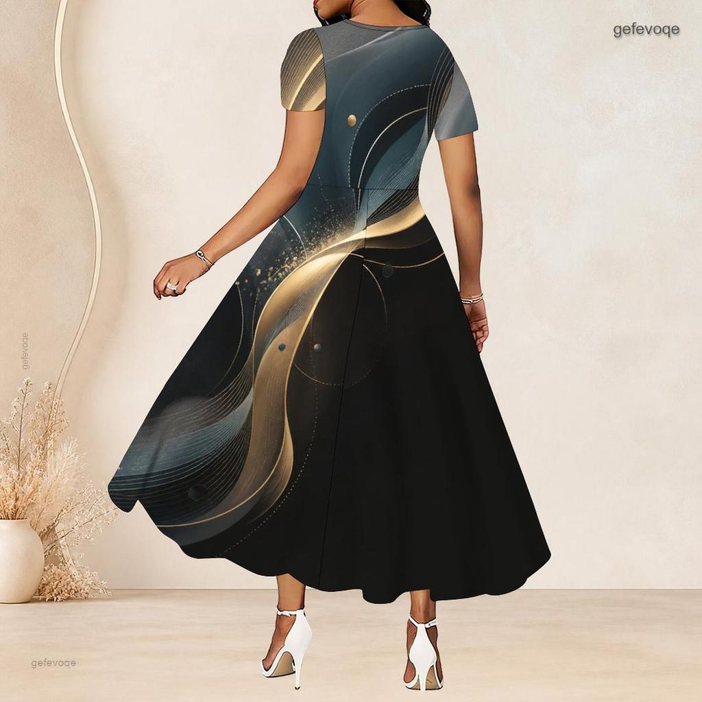 Women Plus Size Round Neck Short Sleeve Black Gold Printed A Line Long Dress