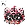 3D Floral Pumpkin Wall Art Halloween Ghost Wooden Welcome Door Hanger Sign, Cute Ornament with Bell Durable Sign for Porch Hanging Rope, Decor Indoor