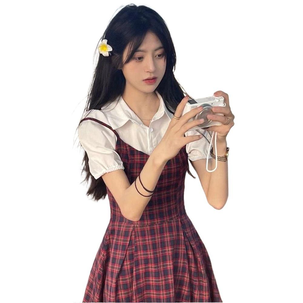 Fake Two-piece Bubble Sleeve Plaid Suspender Dress Women's Summer Niche Design High-end Temperament Waist Short Skirt