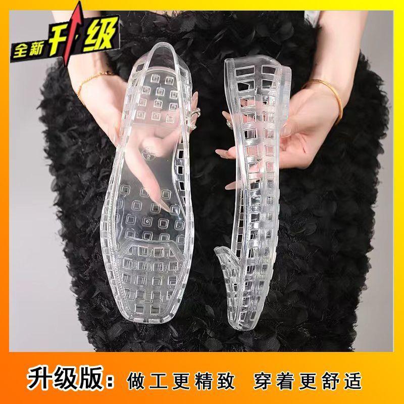 Fashion Versatile Transparent Crystal Fashion Sandals 2025 Summer New Outer Wear Square Head Shallow Mouth Hollow Flat Sole Shoes