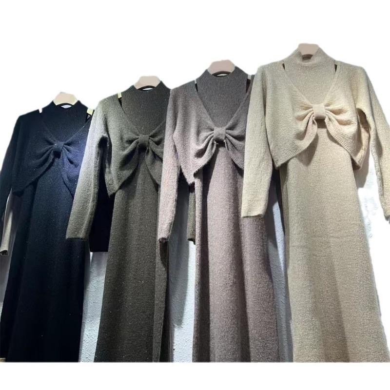 Suit Women's Winter New Semi-turtleneck Bow Bottom Vest Dress Knitted Sweater Two-piece Set