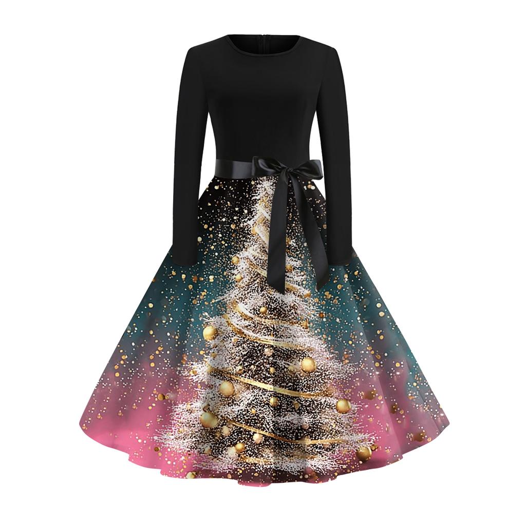 Women's Fashionable And Elegant Autmn And Winter Long-sleeved Christmas Tree Print Dress