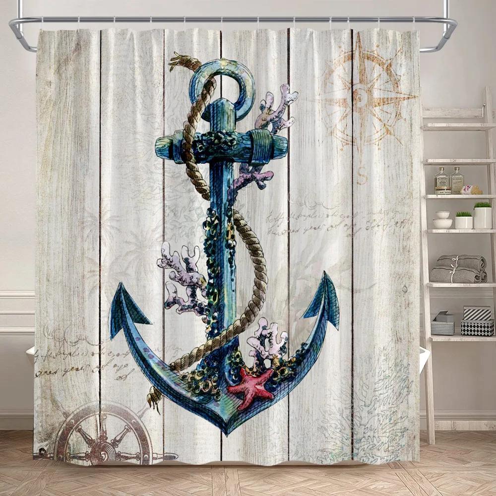 Blue And White Striped Shower Curtain Modern Geometric Nautical Anchor Bath Curtains Polyester Fabric Bathroom Decor with Hooks