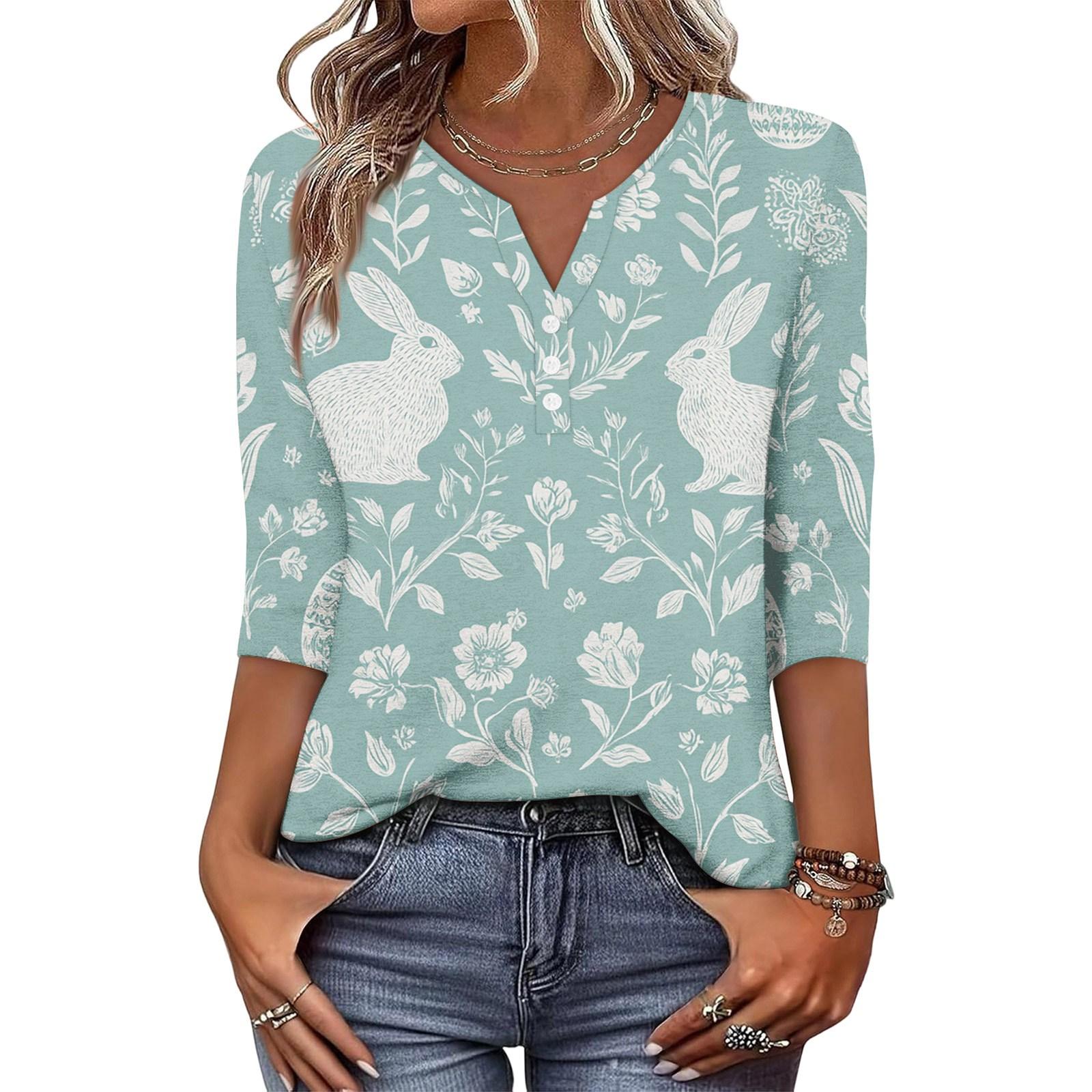 

Женская модная и повседневная футболка с принтом пасхального кролика и яиц, с V-образным вырезом, на пуговицах, с рукавом три четверти M синий