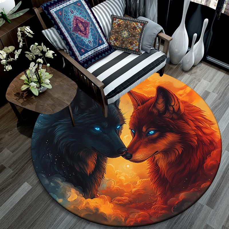 Fire and Ice Wolf Round Area Rug,Carpet Rug for Living Room Bedroom Sofa Playroom Decor,Non-slip Floor Mat
