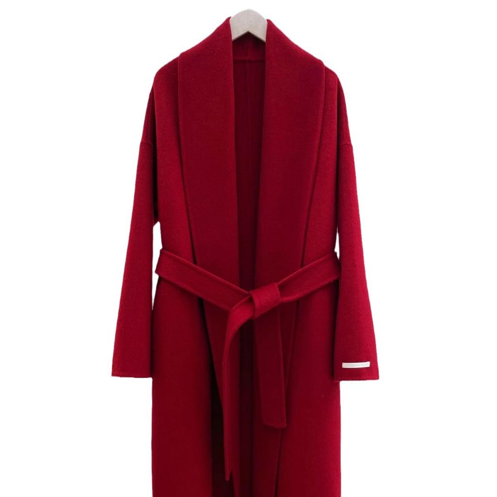 Temperament bathrobe long double-sided wool coat autumn and winter simple red, white and black belt women's loose
