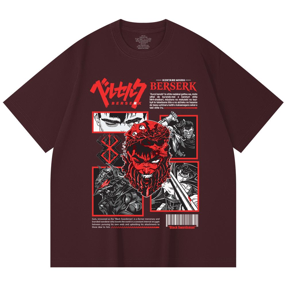 

230 Gsm 100% Cotton Berserk V2 Guts Print Unisex Heavy Cotton T Shirt 2XL вина червоного кольору