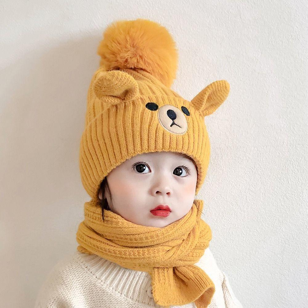 Knitting Wool Beanie Cartoon Warm Knitted Cap Comfortable Bear Children Scarf Hat Set Baby