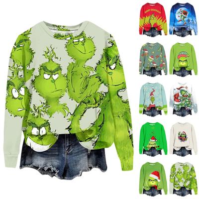 Damska modna bluza z nadrukiem świątecznym z długim rękawem i luźnym okrągłym dekoltem