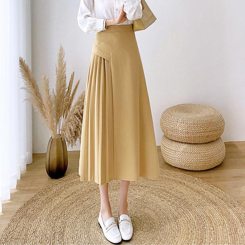 Women s Irregular Pleated Skirt High Waisted Skirt Suit A-line Skirt Long Skirt S жёлтый