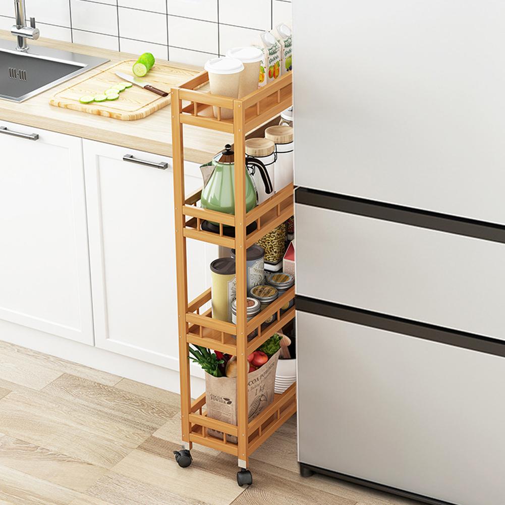 4-Tier Slim Storage Cart of High Mountain   Bamboo Kitchen   Slide-Out Mobile Storage Cart Rolling Pantry Shelf Kitchen Shelving Unit Util