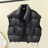 Yousheng Women Down Vest Stand Collar Sleeveless Zipper Closure Winter Waistcoat with Pockets Solid Color Casual Loose Fit Short Jacket