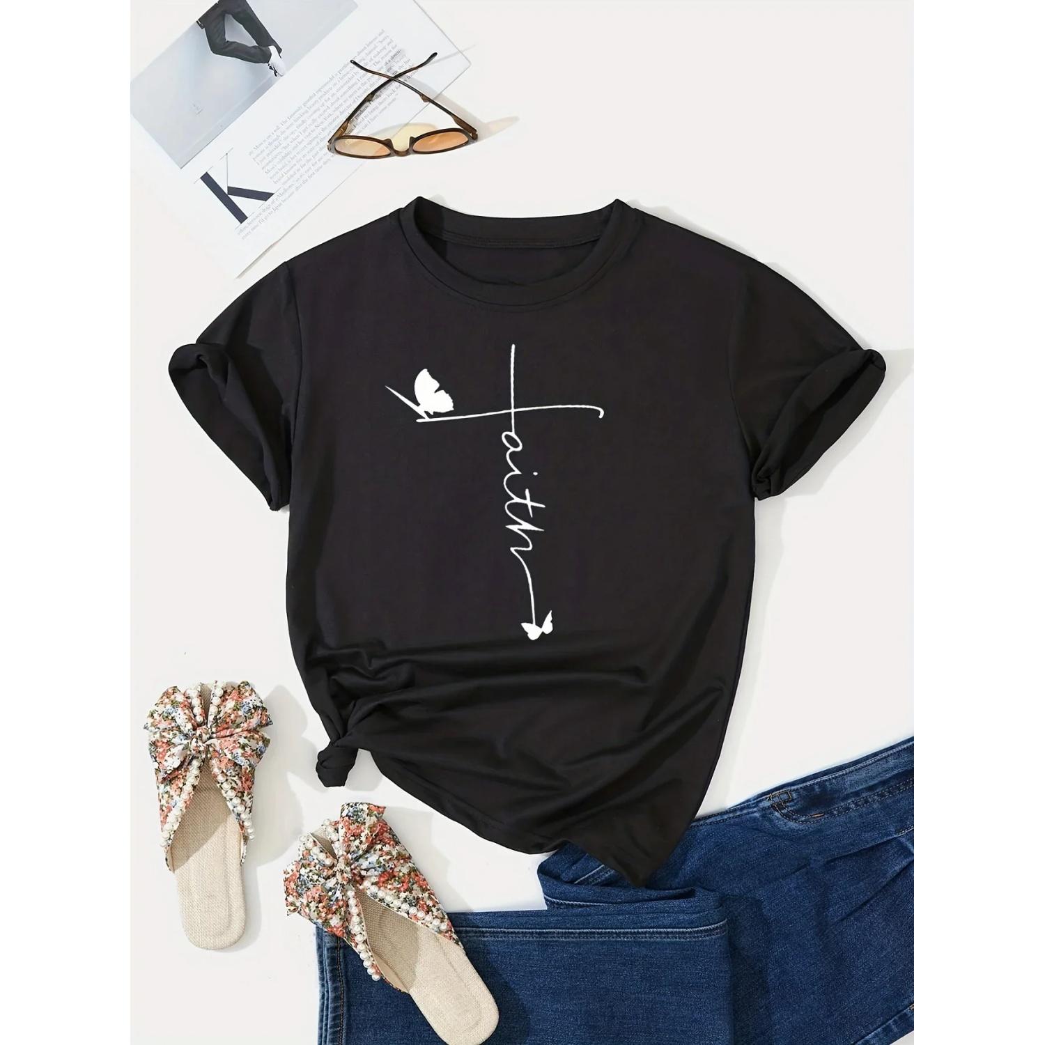 

Cross & Faith Print T-Shirt, Casual Short Sleeve Top For Spring & Summer, Women s Clothing XXXXXL чорний