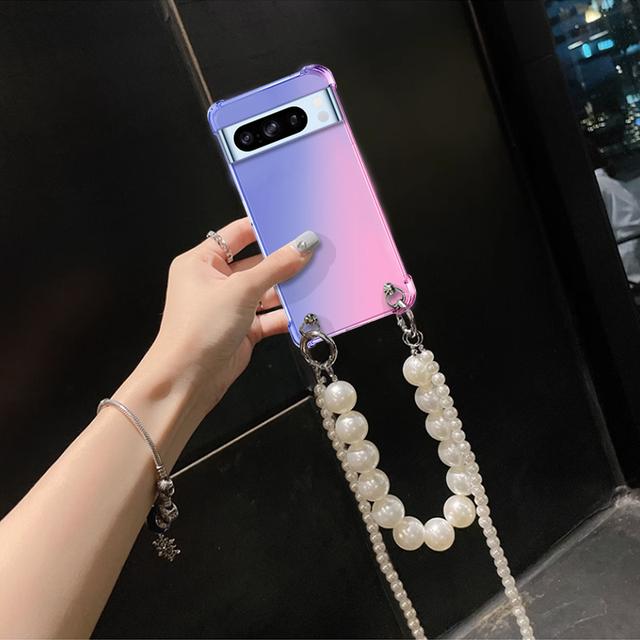 

Чехол-ремешок с цепочкой и жемчугом для Google Pixel 9 Pro XL 9A 8 Pro 8A 7 Pro 7A 6Pro Прозрачный градиентный чехол с подушкой безопасности, противоударный силиконовый чехол Pixel 6