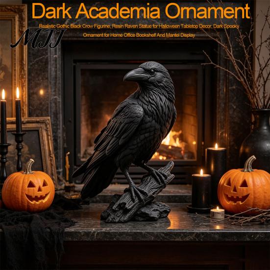 Realistische Rabenstatue Gotische Schwarze Krähe Figur, Harz für Halloween Tischplatte Innen Außen Vogel Dekoration, Dunkles Gruseliges Ornament Zuhause Büro Bücherregal