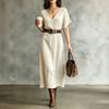 Women's Short Sleeve V-Neck Bohemian Cotton Linen Dress for Summer Casual Wear